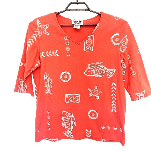 COPA CABANA 3/4 Sleeve Fish Print Womens Top Size Large Coral Orange Beachy USA - Picture 1 of 9
